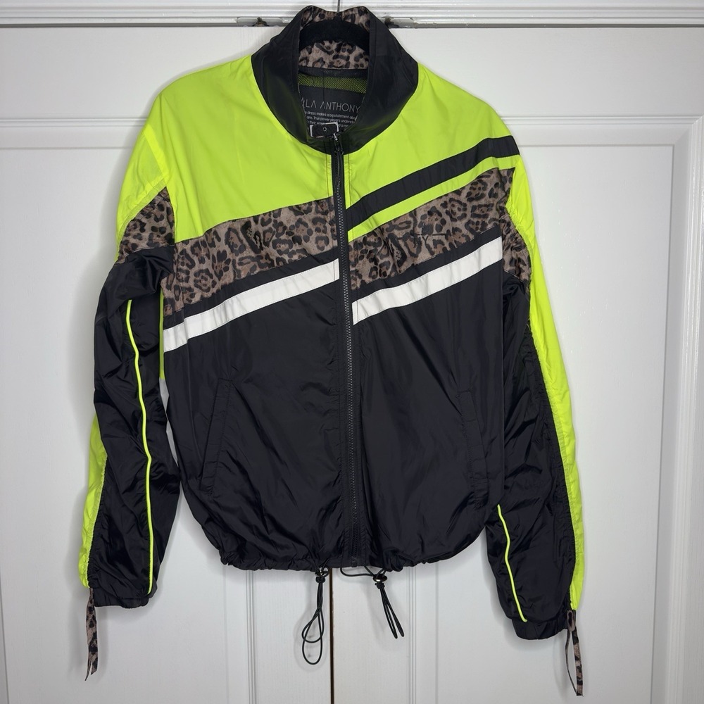 LaLa Anthony Womens Medium Windbreaker Jacket Neon Leopard Colorblock Zip Up